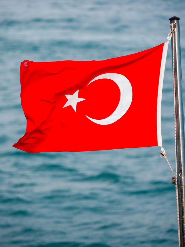 Turkish flag with red background and white star and crescent, waving against a blue backdrop.